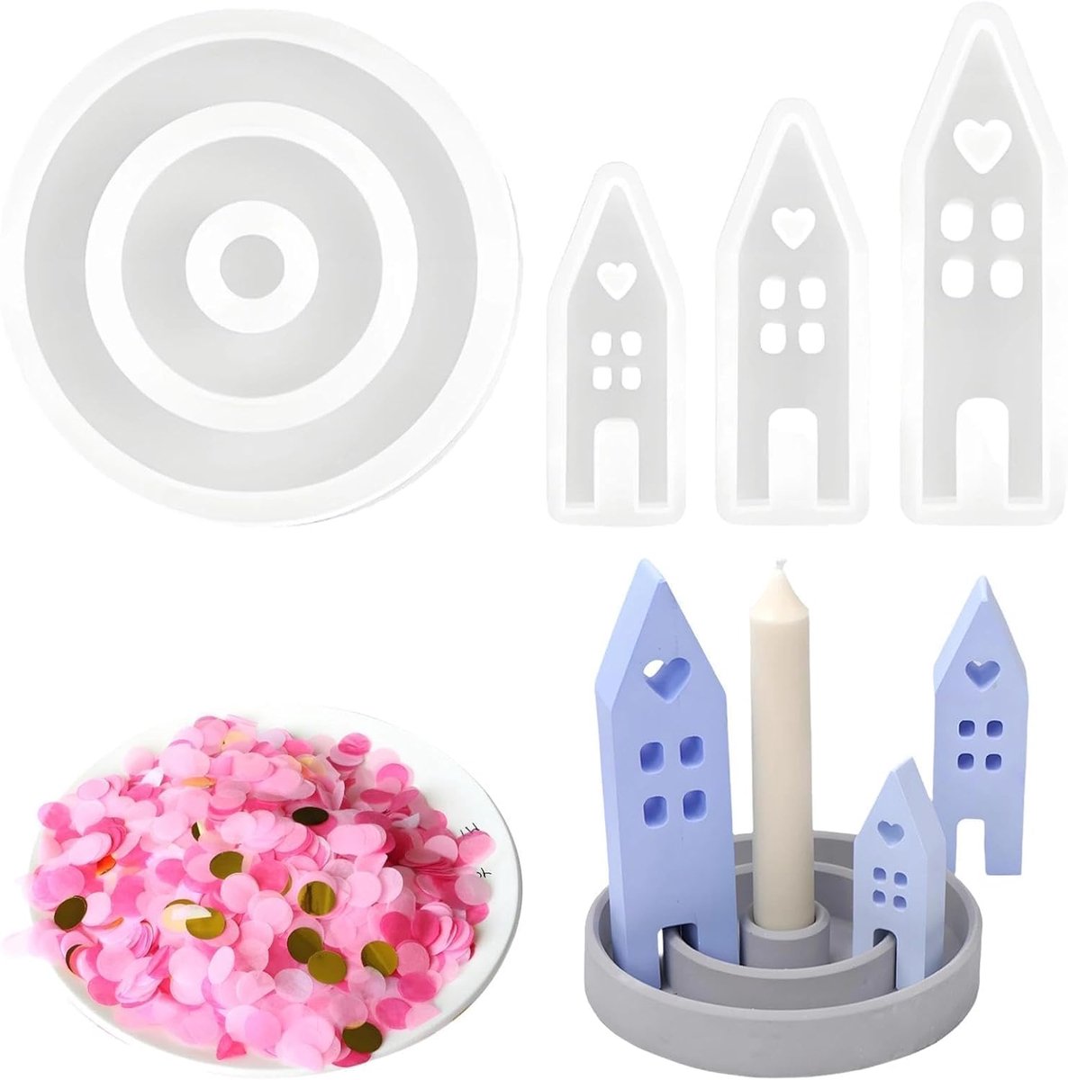 kaarsenhouderset, met 3 huizen en 1 kaarsenhouder, gietvormen, siliconen huizen, zeep en handwerk, met kleurrijke confetti, voor sojawas, kaarsen, doe-het-zelf decoratie