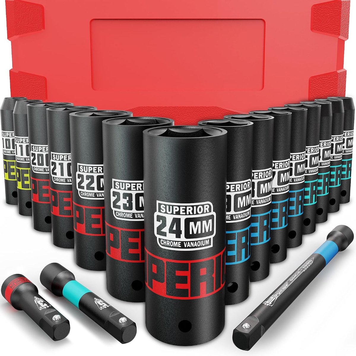 SnelShoppen - 1/2" Diepe Slagdop Gereedschapset, 10-24 mm Metrisch Drive Diepe Socket met Plastic Opbergdoos en 3 Stuks Verlengstangset voor Autorepar