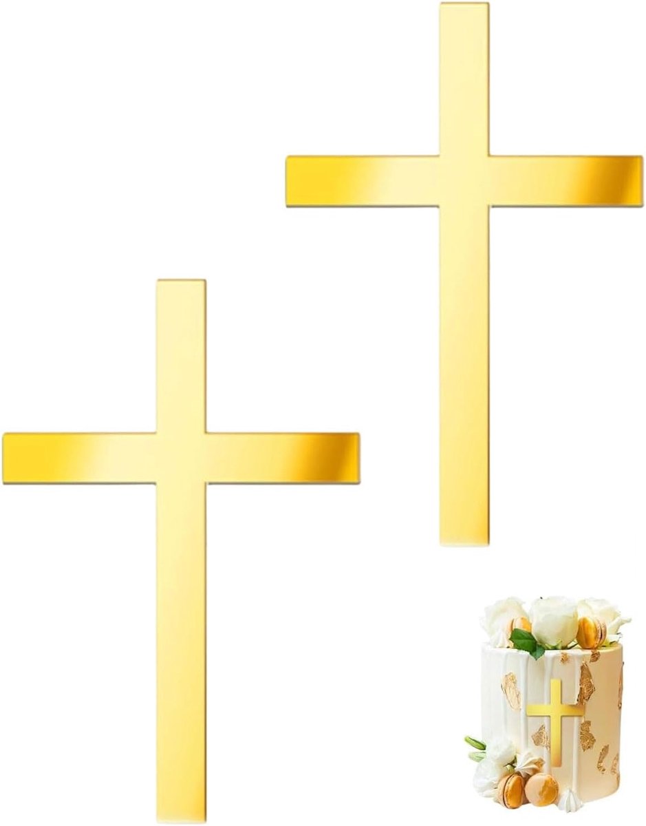 2 stuks taarttoppers (klein kruis) communie, vormsel, taartsteker, taart, cake, steker, tafeldecoratie (goud)