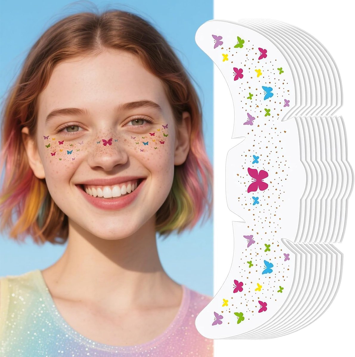 Flitters gezichtsstickers, 10 stuks, regenboog, vlinder, bruisende tatoeages, waterdicht, natuurlijk, tijdelijke nep freckles, gezichtsglitter, kunstmake-up, carnaval, festival accessoires
