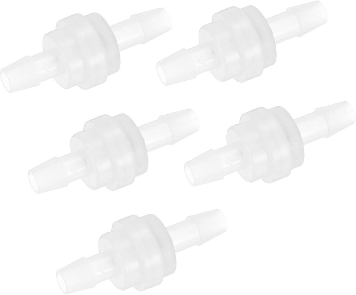 METERXITY 5 stuks wegwerp-terugslagventielen, 1/4 inch slang met stekels, geen terugslagventiel, kunststof, druk- en ozonbestendig, 4,5 cm, transparant