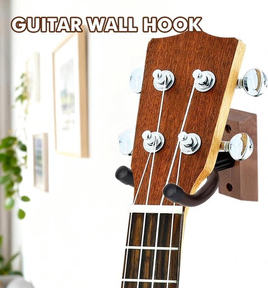2 stuks hardhouten gitaarwandhouder, hangers: walnoothout, gitaarhouder voor aan de muur met siliconenslang en hardhouten basis, ukelele wandhouder voor akoestische gitaar, elektrische gitaren — afbeelding 3