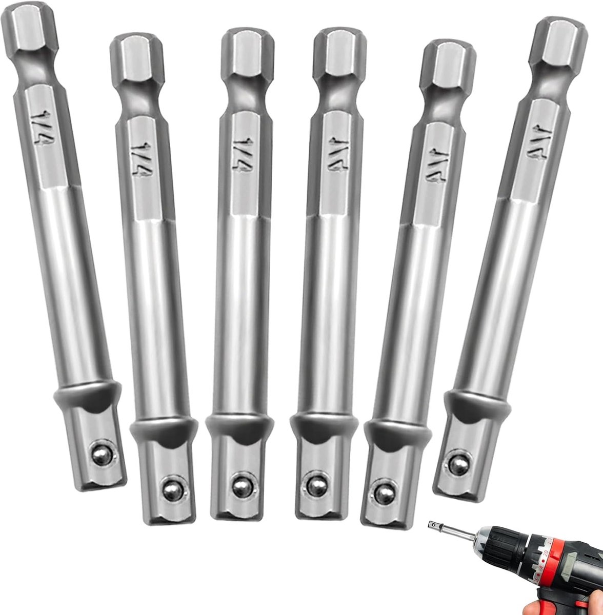 6-delig, 1/4 inch, zeskantige adapter, zeskantschacht voor boren en accuschroevendraaier, bithouder, boorhouder, boorhouder, zilverkleurig