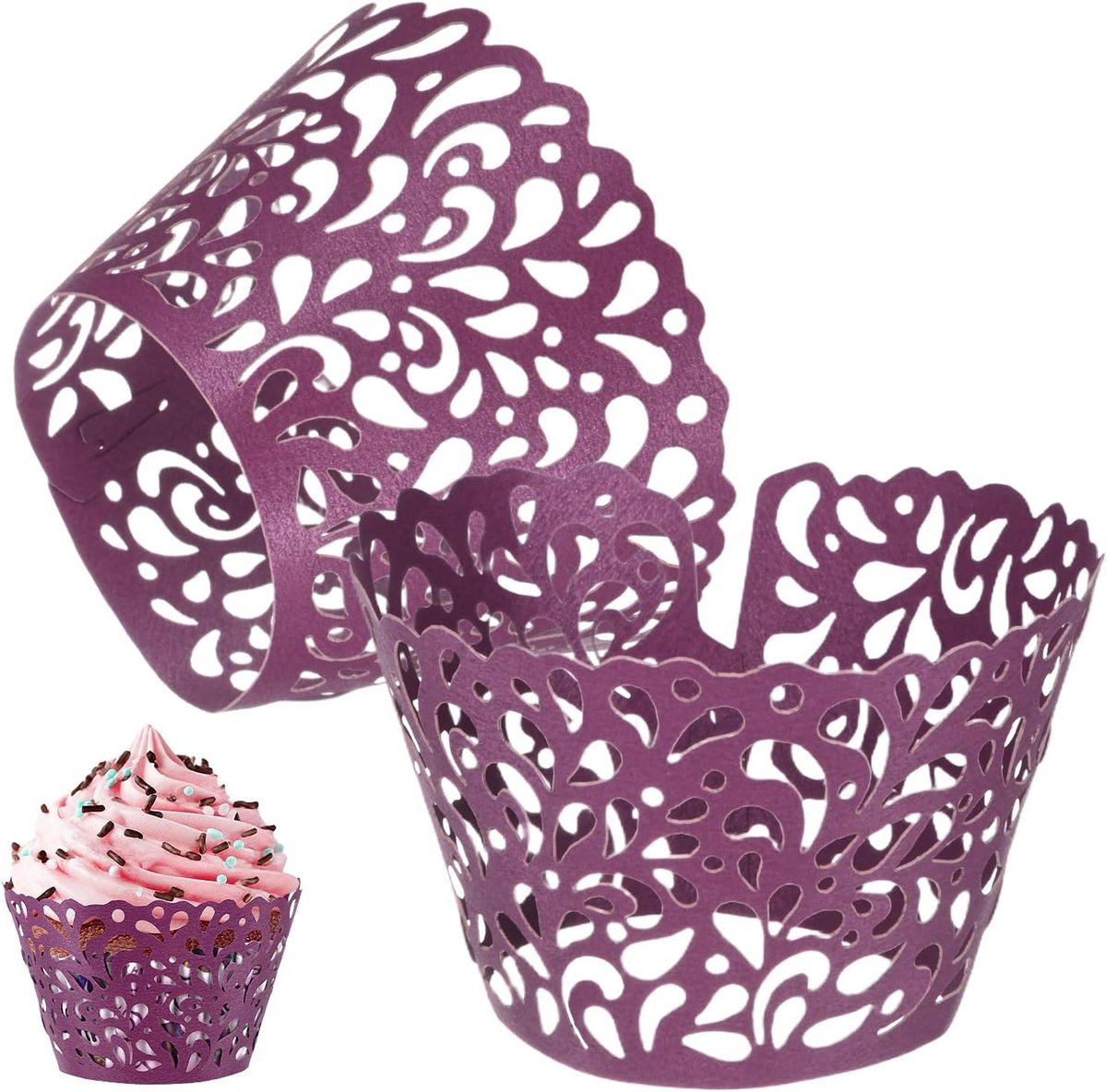 METERXITY 50 stuks cupcake-wrappers, parelmoer kunstpapier, waterdruppel kant holle cupcake-voeringen voor bruiloft/verjaardagsfeestje decoratie, bakpapier voor cake [donkerpaars]