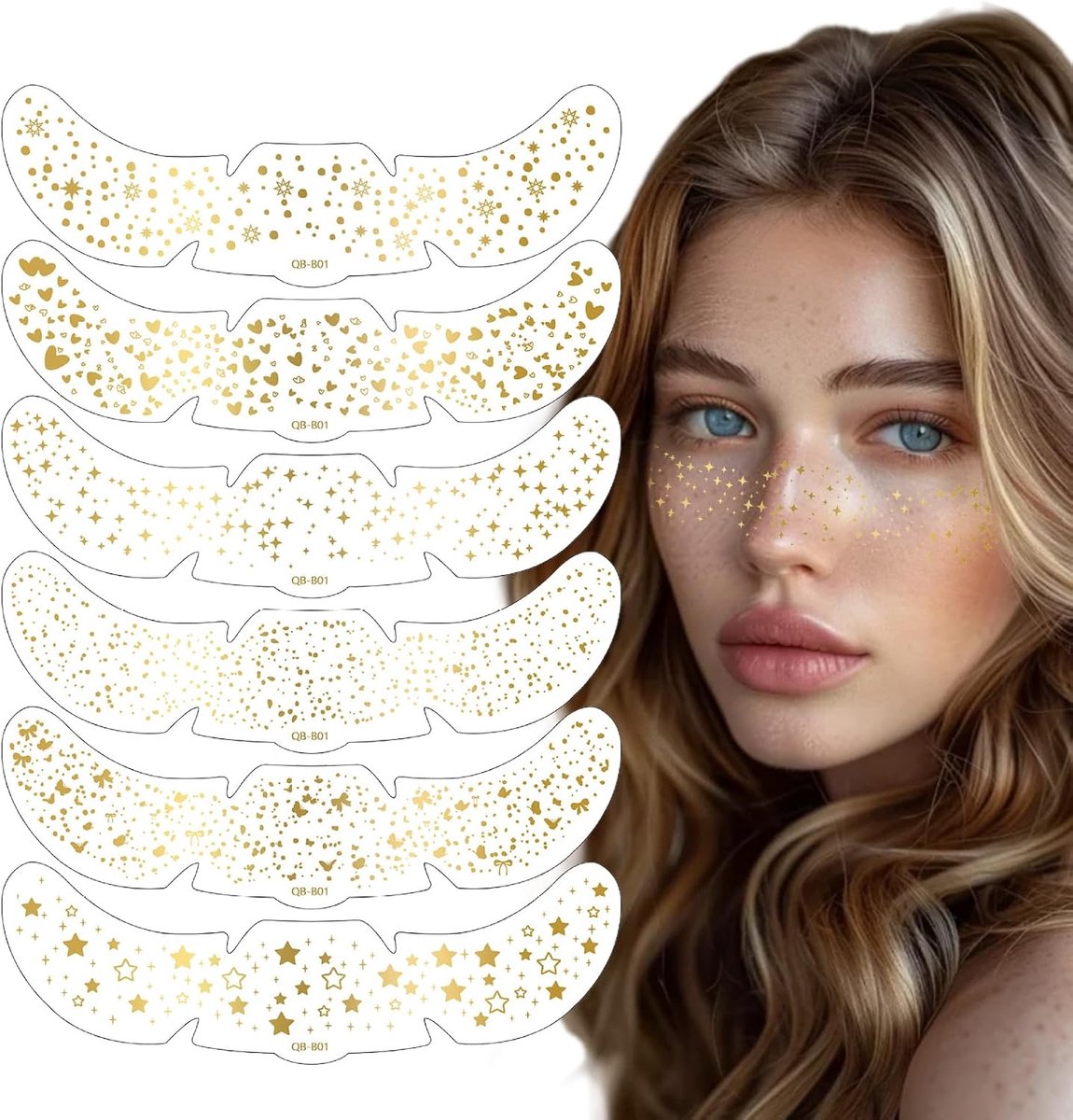 6 patronen glitter freckles tattoostickers, waterdichte goudfolie, freckle make-up voor festivals, outfit, dames, sproeten, henna, glitter zomersproeten, feestbenodigdheden
