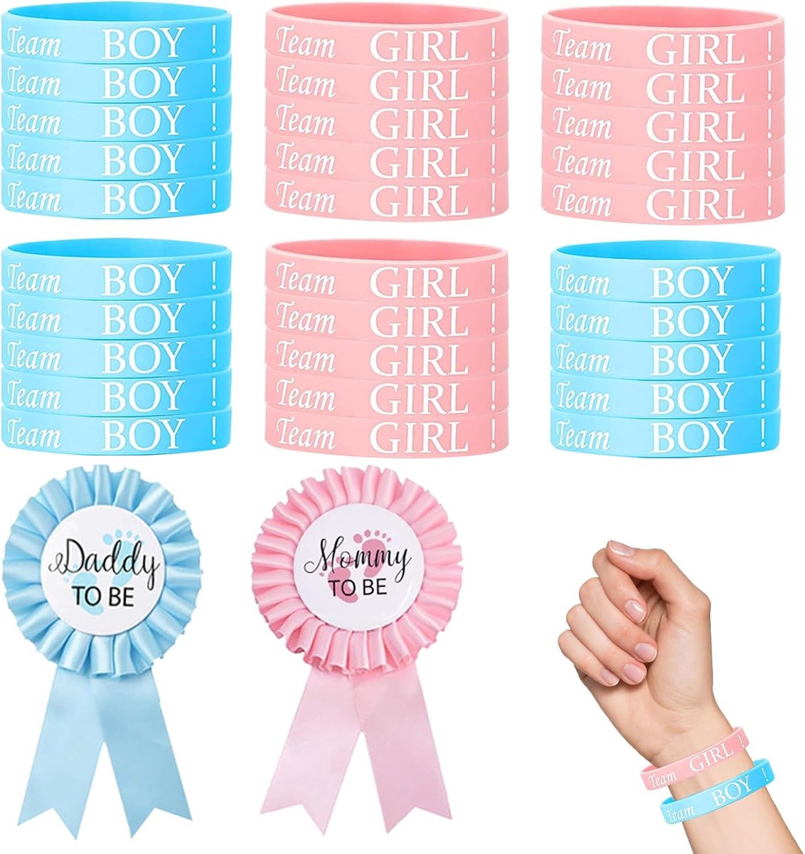 Armbanden voor Gender Reveal - 30 Stuks - Team Jongens en Team Meisjes - Inclusief 2 Corsages in Blauw en Roze - Geschikt voor Volwassenen en Tieners - Leuke Party Accessoires