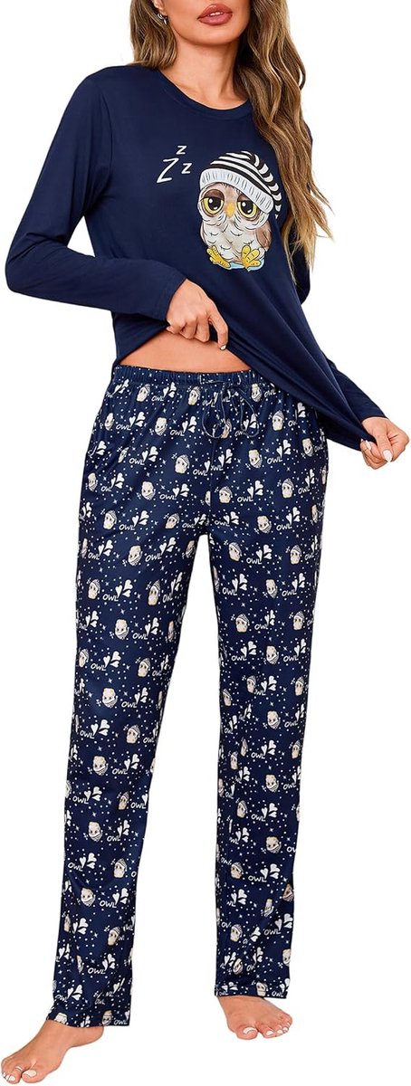 Damespyjama, lange katoenen pyjama met lange mouwen en uilenmotief, comfortabele damespyjama, winter, tweedelig, voor thuis