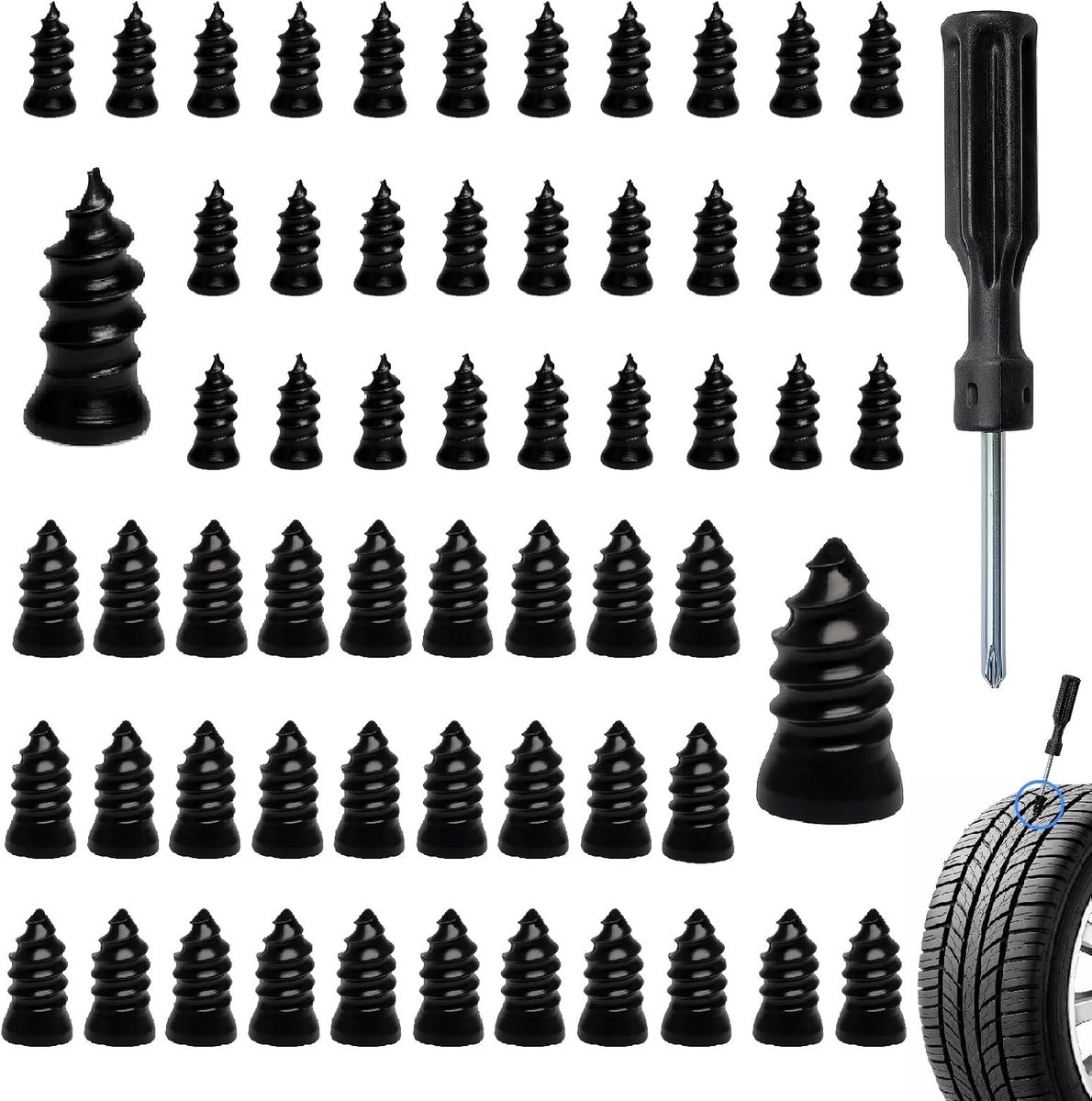 KZQ 60-delige vacuüm bandenreparatieset voor auto motorfiets en vrachtwagen - Effectieve reparatieset met schroevendraaier voor snelle bandenreparatie - Compact en compleet - Zwart