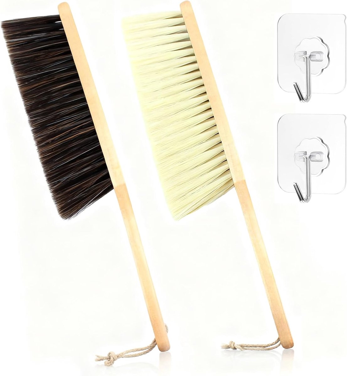 2 Handbezems met Ophanglijn & Haken, 35cm Zachte PP-borstels, Houten Handvat Paardenharen Borstel - Ideaal voor Huishouden, Tuin, Terras, Auto, Werkplaats, Fijn Reinigen