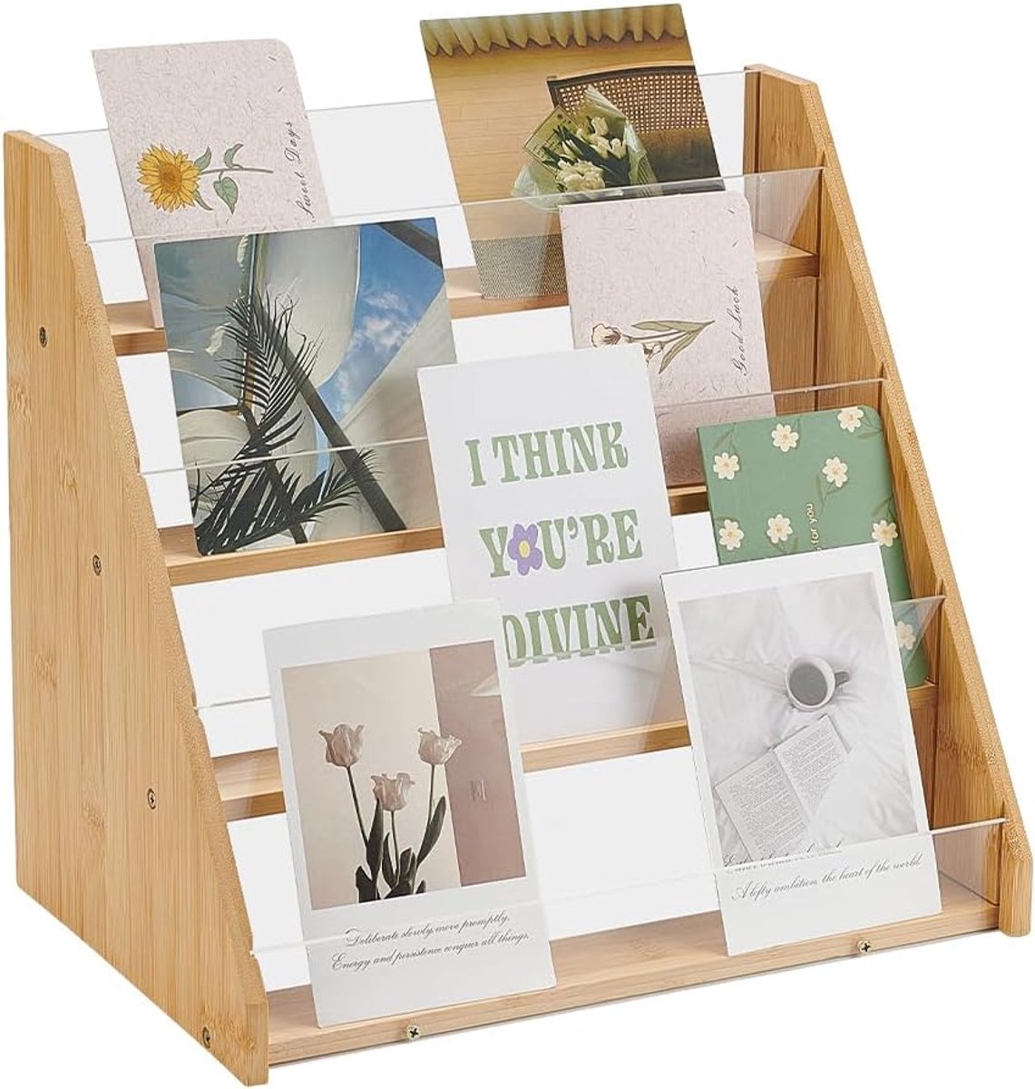 4-Tier Wenskaart Display Stands Bamboe Acryl Display Case Ansichtkaart Rack Draagbare Sticker Display Stand Teller Retail Display Rack voor Bladwijzer Teller Tafelblad