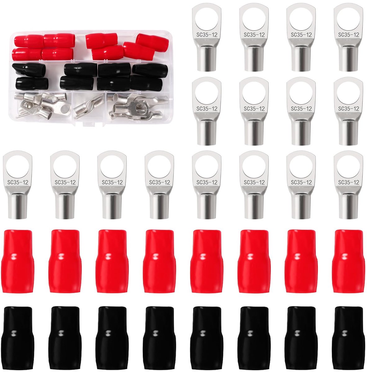 32 Stuks M12 SC35-12 AWG2 Ringklemmen Set, Buisvormige Batterijkabeluiteinden, Batterij Kabel Eind Terminals, met Isolatie Mouwen, voor Elektrische Kabel, Zilver