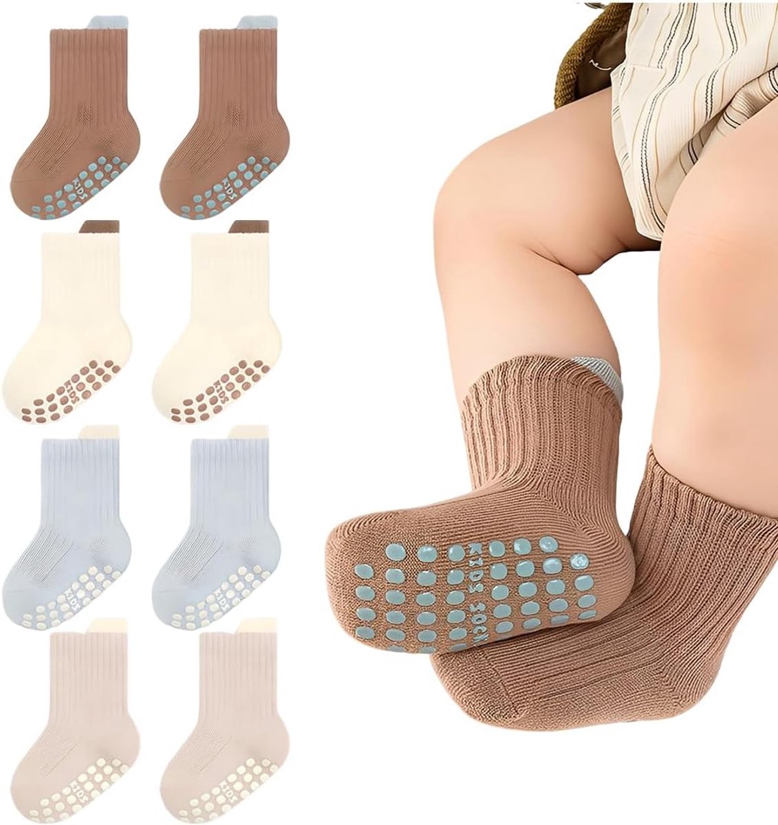 4 paar antislip sokken voor kinderen, katoen, kinderen, antislip sokken met grip, pasgeborenen, sokken voor 0-3 jaar