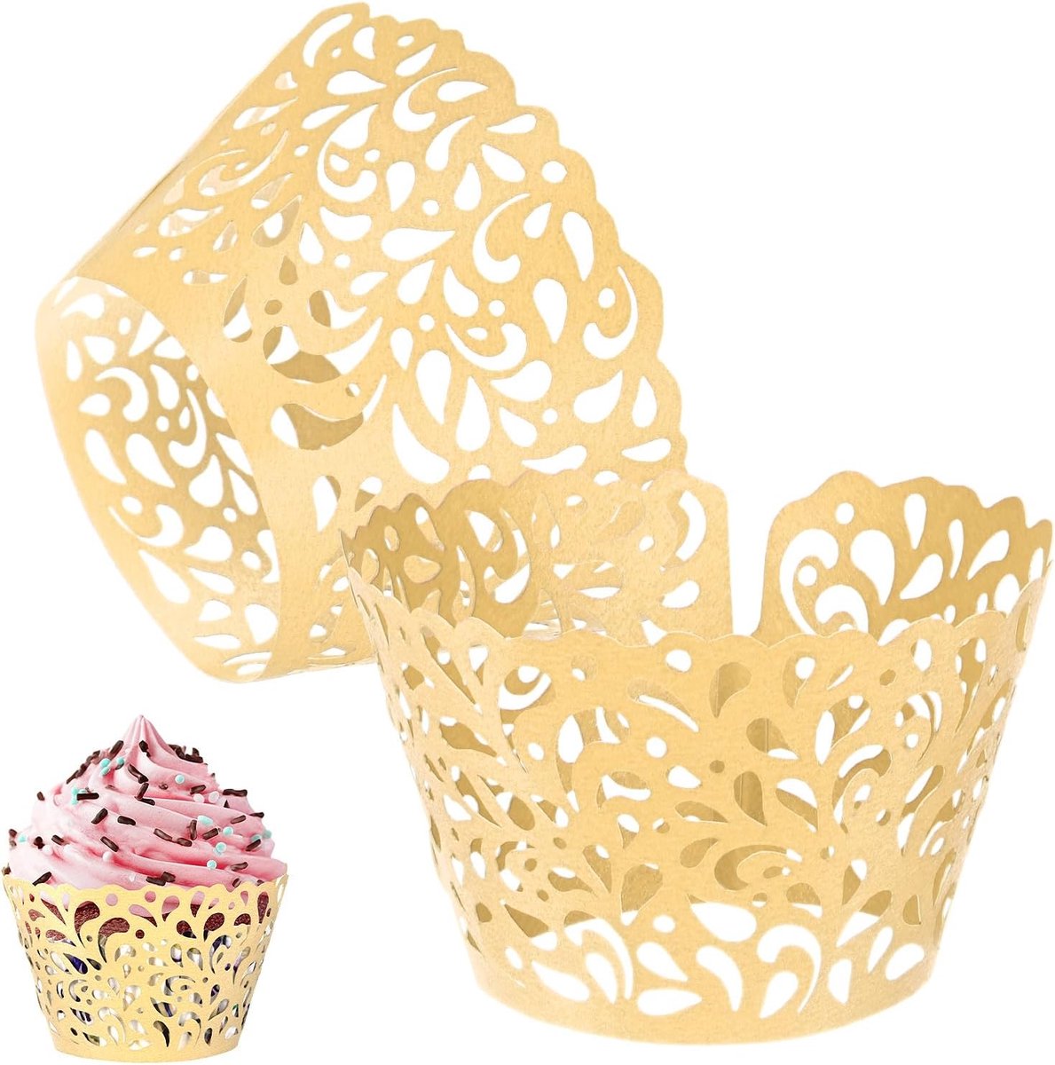 METERXITY 50-Pack Cupcake Wrappers, parelmoer kunstpapier, waterdruppel kant holle cupcake voeringen voor bruiloft/verjaardagsfeestje decoratie, bakken cake papier [wit goud]