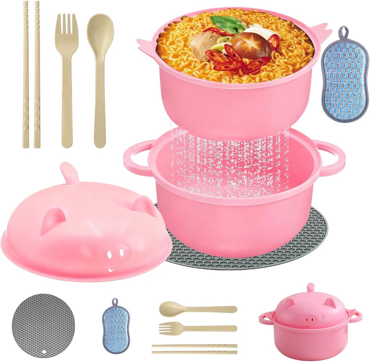 Ramen Bowl Ramen Magnetronkom, voor ramen, pastakom met stokjes, instant ramen, kom met deksel en lepel, draagbaar, magnetron, ramenkooktoestel voor soep, pasta, salades (roze)