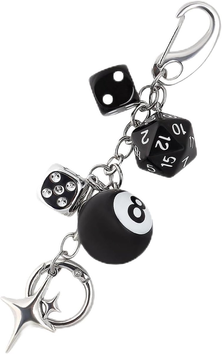 8 bal dobbelstenen charme sleutelhanger, Y2k biljart esthetische sleutelhanger, coole zilveren tas bedels voor vrouwen en mannen portemonnees rugzakken sleutelhanger cadeau accessoires