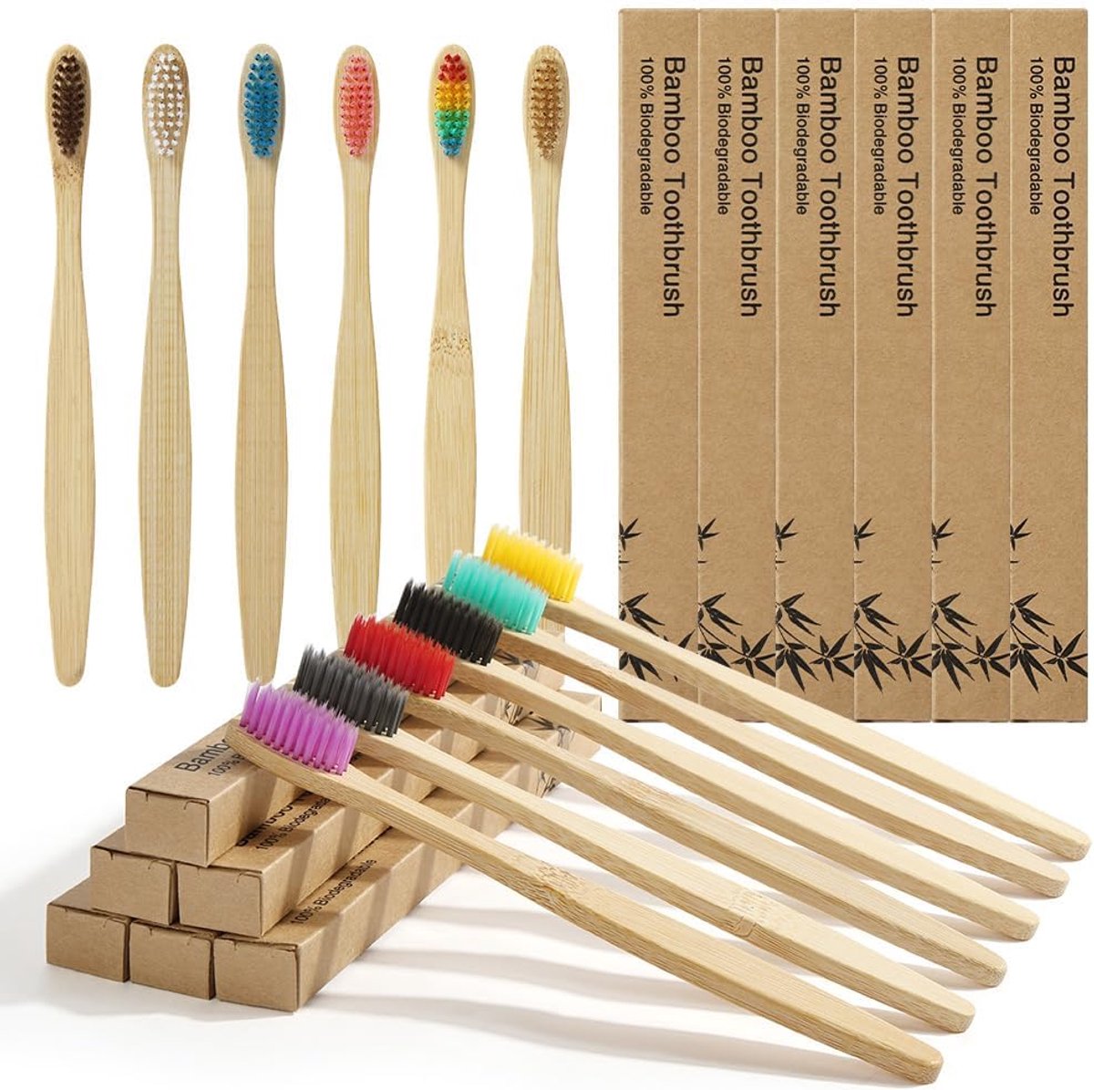 Bamboe Tandenborstel - Eco-vriendelijke Familie Set van 12 Kleuren, Biologisch Afbreekbare Organische Premium Houten, BPA-Gratis Multipack