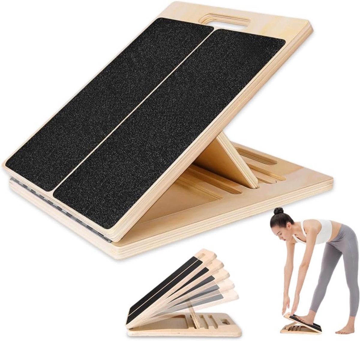 schuine plank van hout, kuitstretcher van hout, kuittrainer voor kniebuigingen, spierrekking, 5 hoeken instelbaar & antislip hellingsplank, schuin board voor volwassenen