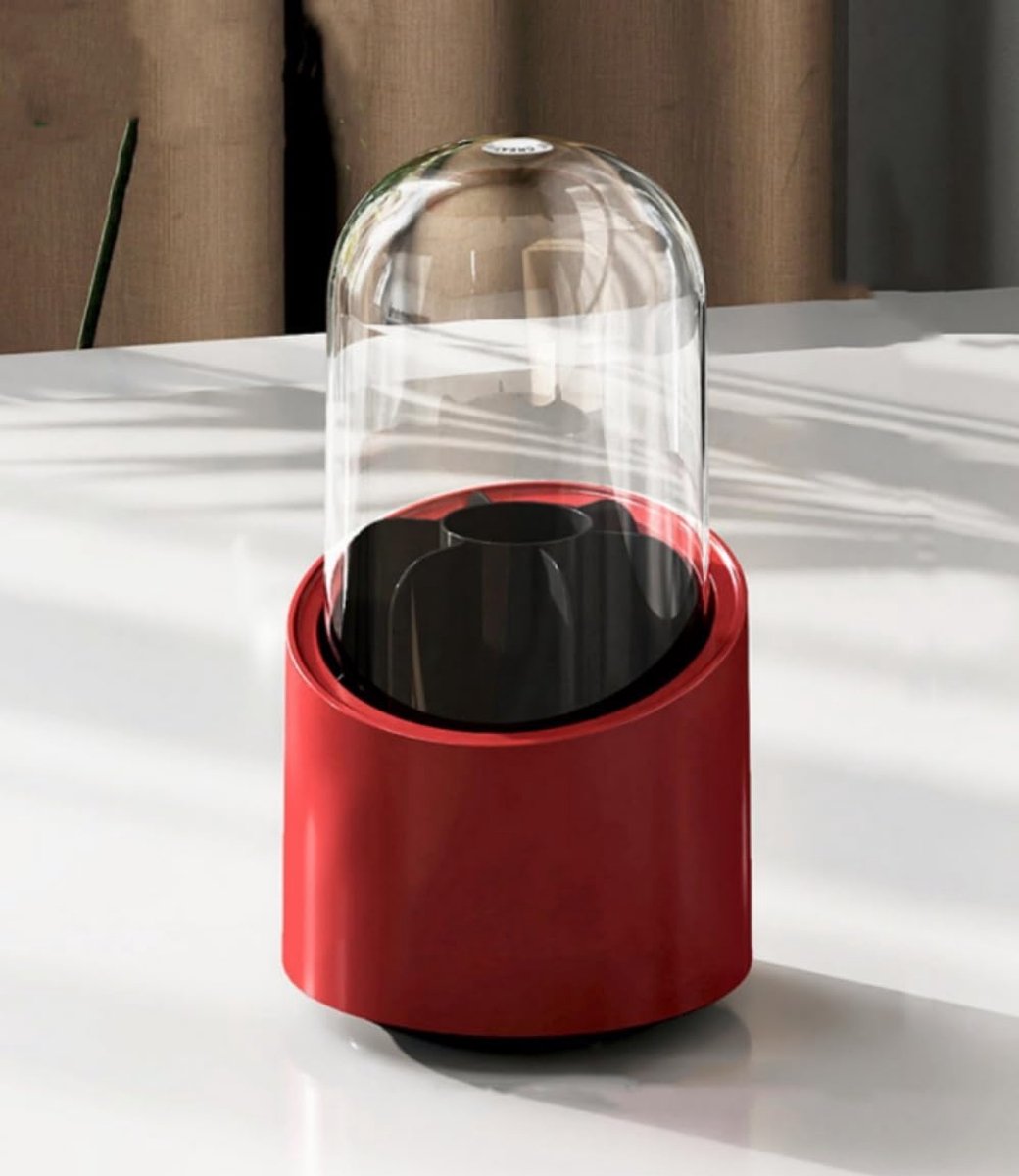 360° draaibare make-upborstelorganizer, 7-vaks opslag met transparante stofdichte hoes, opberghouder voor cosmetische gereedschappen voor badkamer ijdelheid aanrecht (vet rood, cilindrisch)