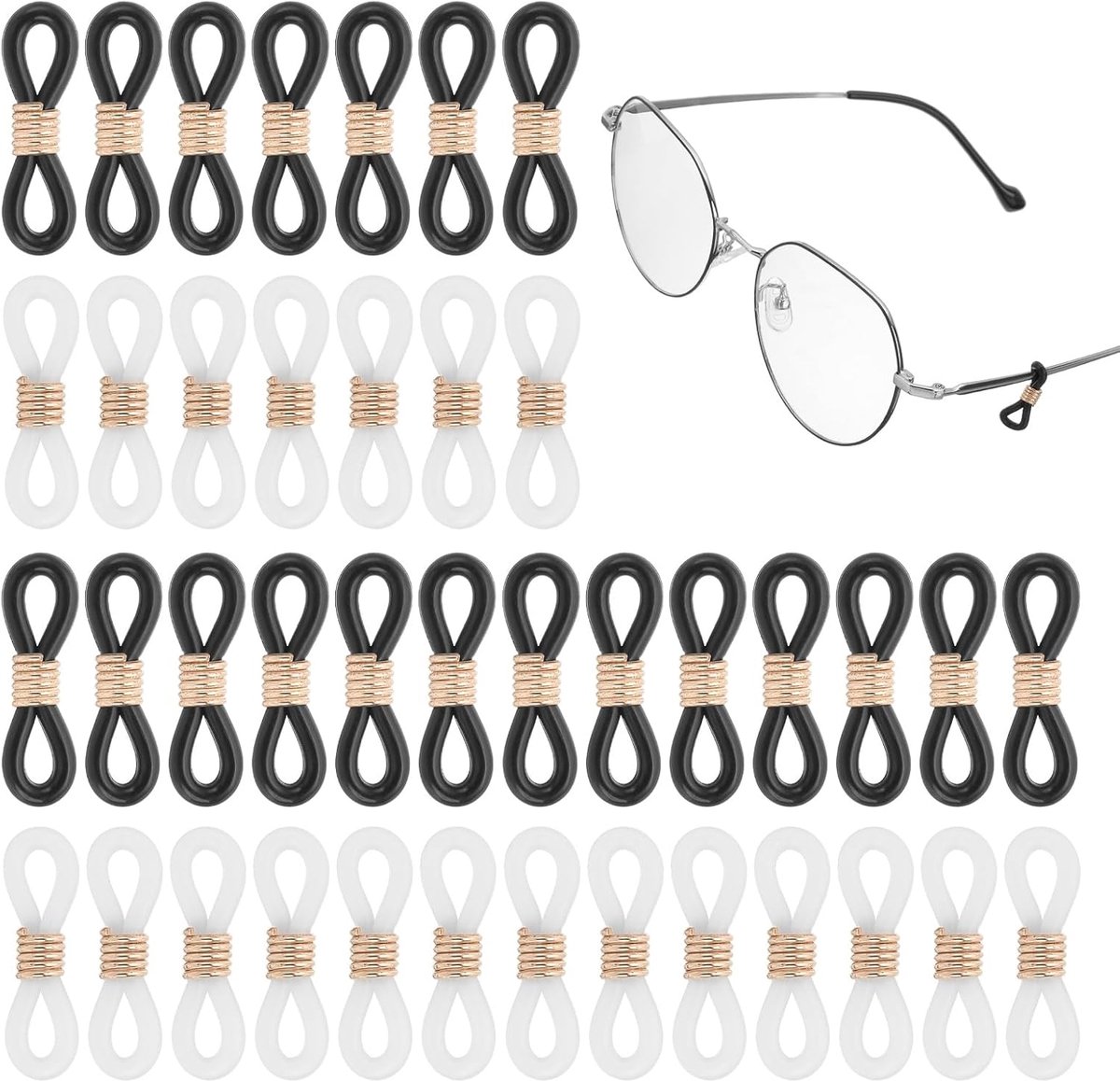 Lenzenvloeistof Kettingverbinder, verpakking van 50 verstelbare antislip siliconen rubberen bandhouder, ketting eindlus voor dames en heren, zonnebril, roségoud (metalen veer)
