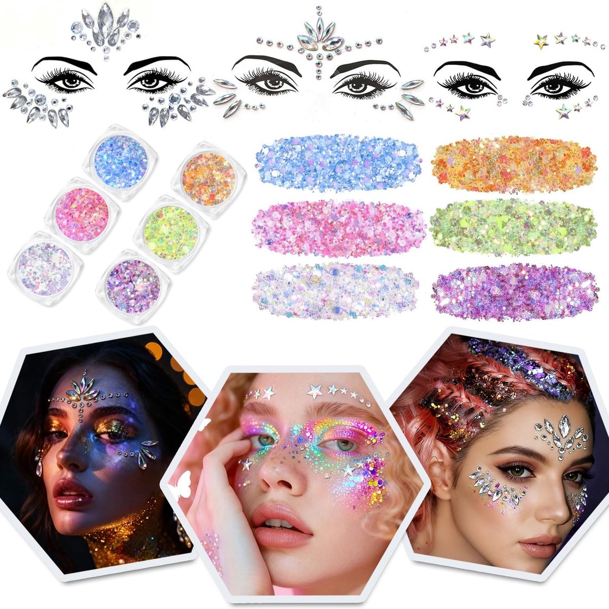 Tijdelijke tatoeages, gezichtstickers, sierstenen, zelfklevend gezicht, glitter, strass,gezichtstickers, voor glittereffect, feesten, shows, make-up 9 Stück (Rhinestone Stickers + Glitter)