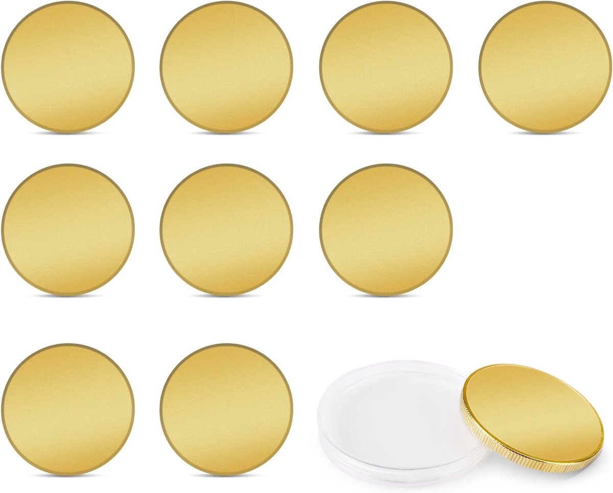 40 mm massief messing graveerschijven met acryl beschermdoos, 10 stuks blanco voor individueel vormgegeven messing munten, koperen munten kunnen voor doe-het-zelf knutselprojecten (10 stuks)