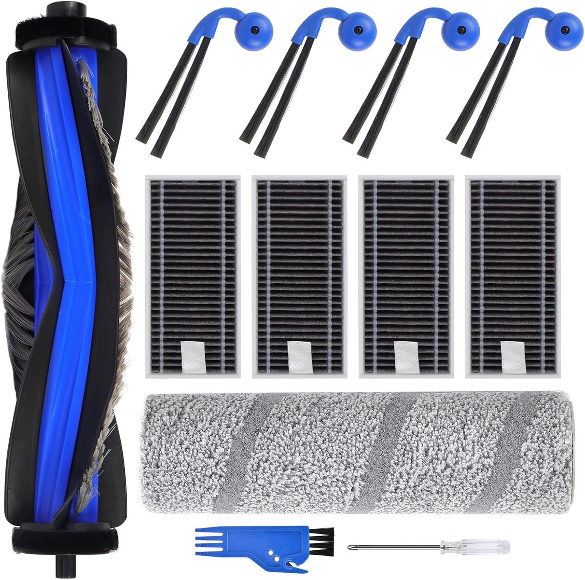 Accessoires voor Ecovacs X11 Omnicyclone / X11 Pro Omni stofzuiger, 1 hoofdborstel, 1 rol schoonmaakdoeken, 4 zijborstels, 4 HEPA-filters, 1 reinigingsgereedschap