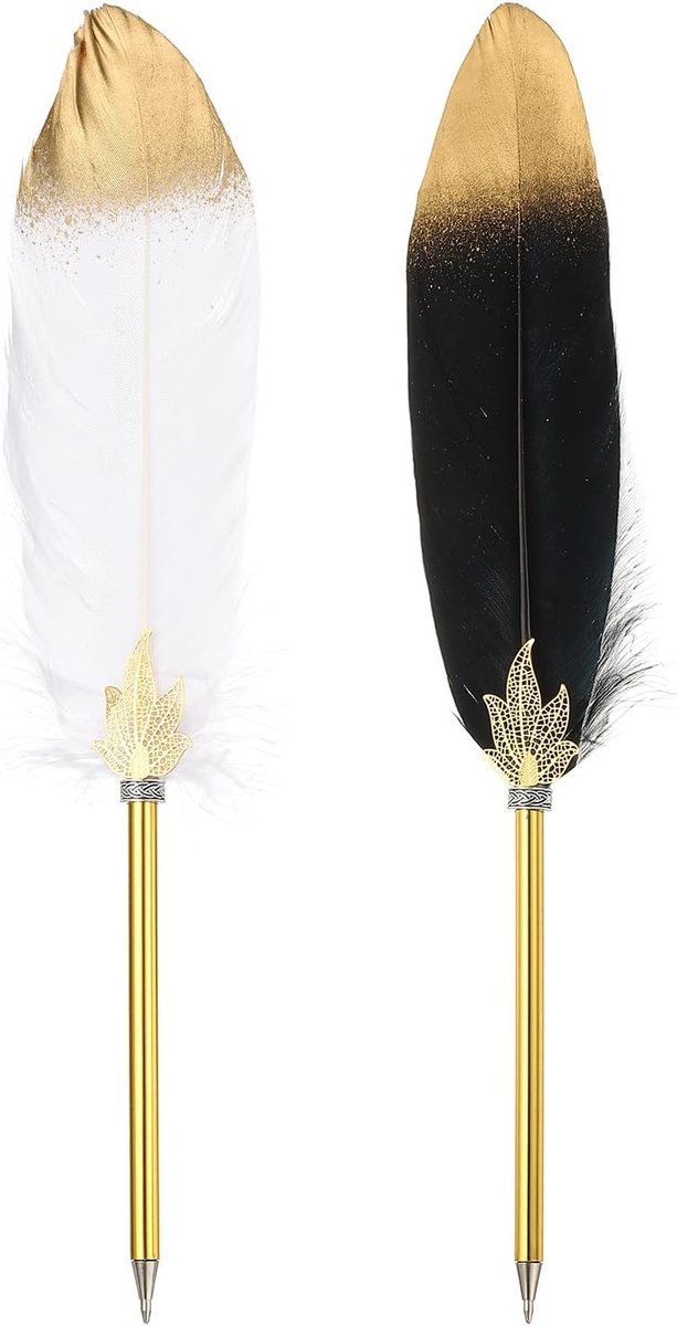 Veren Pen Quill, Veer Balpen Bulk Geraffineerde Vintage Veer Kalligrafie Pen voor Gast Handtekening Bruiloft Bruids Kantoor Schrijven, Wit/Zwart
