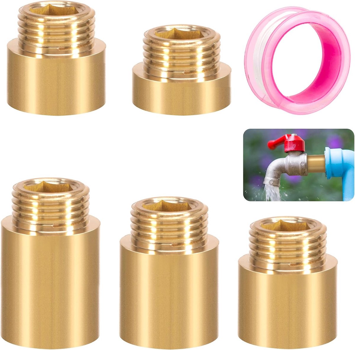 kraanverlenging 1/2 inch, 5 stuks schroefdraadverlenging x 10 mm, 15 mm, 20 mm, 25 mm, 30 mm messing verlengfitting, aansluiting verlenging voor drinkwater en verwarming installatie