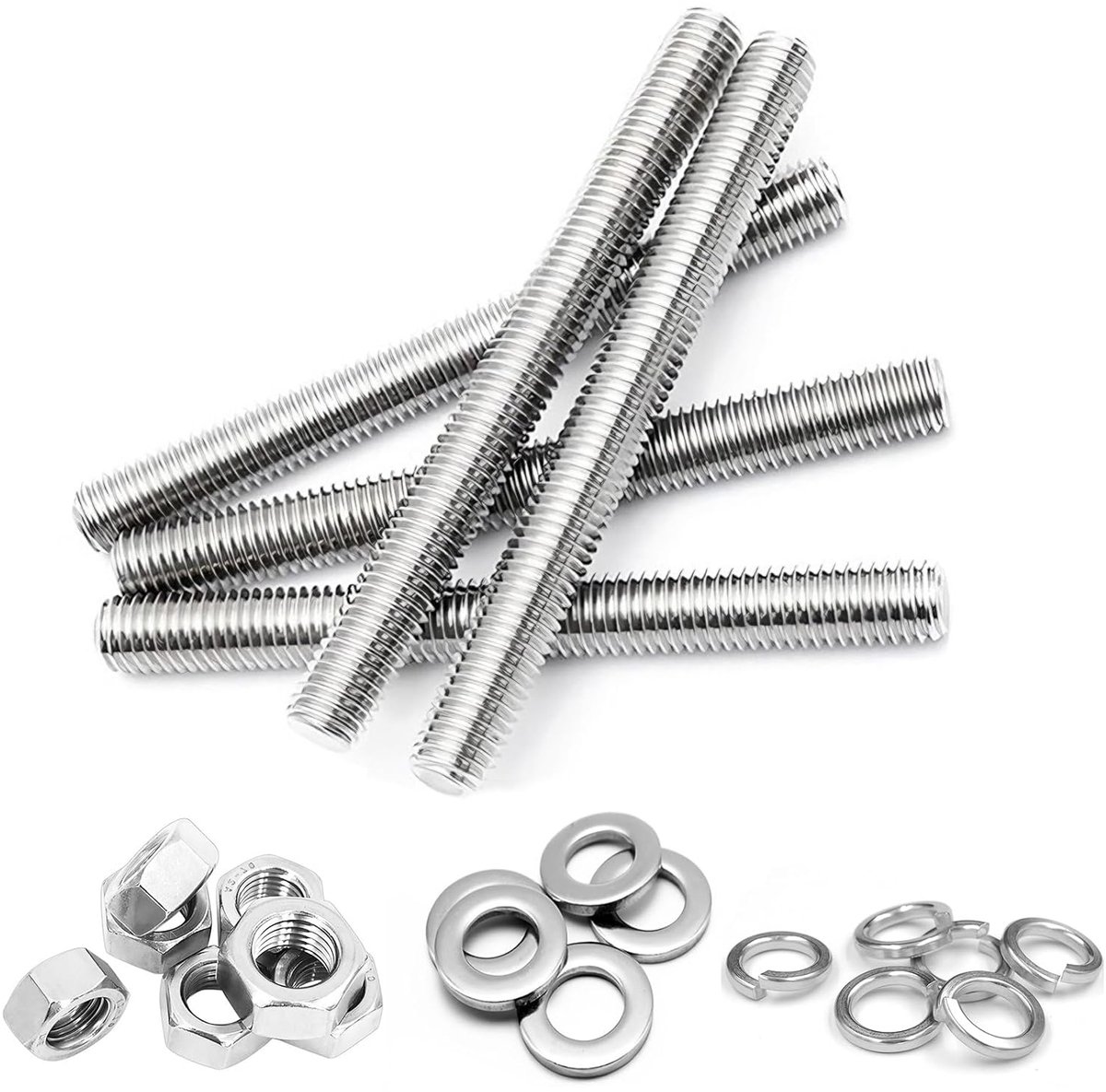 10 stuks draadstangset, M8 x 100 mm gegalvaniseerde draadstangen met 20 U-schijven en 20 A2 zeskantmoeren, 20 veerringen voor montage en industriële productie