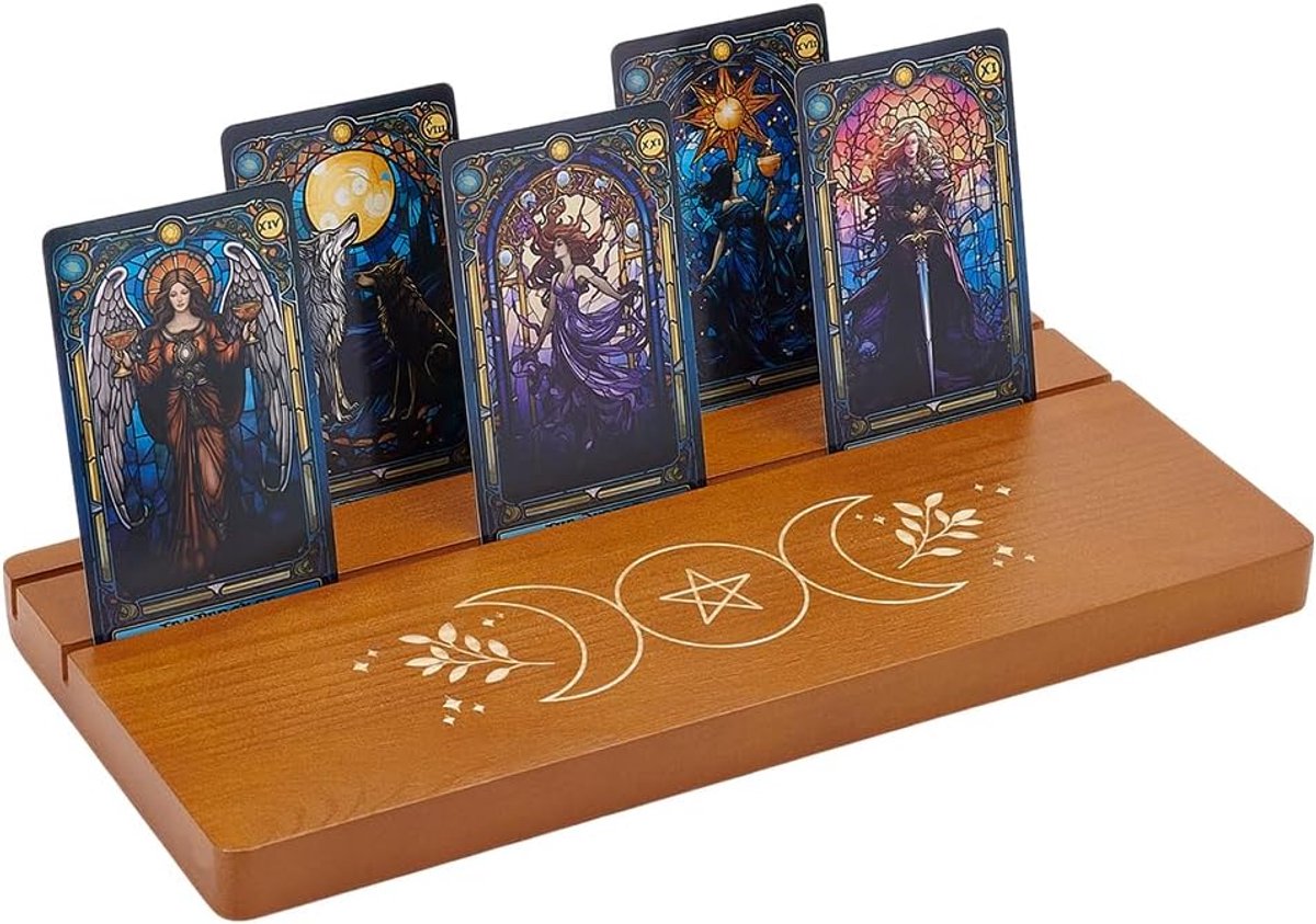 PandaHall Tarotkaarthouder met 2 vakken, van hout, kaarthouder met maanfasenpatroon, tarotkaartspelhouder, rechthoekige orakkaarthouder voor Lenormand-heksenwaardigheid, cadeau, 28 x 13 x 1,8 cm