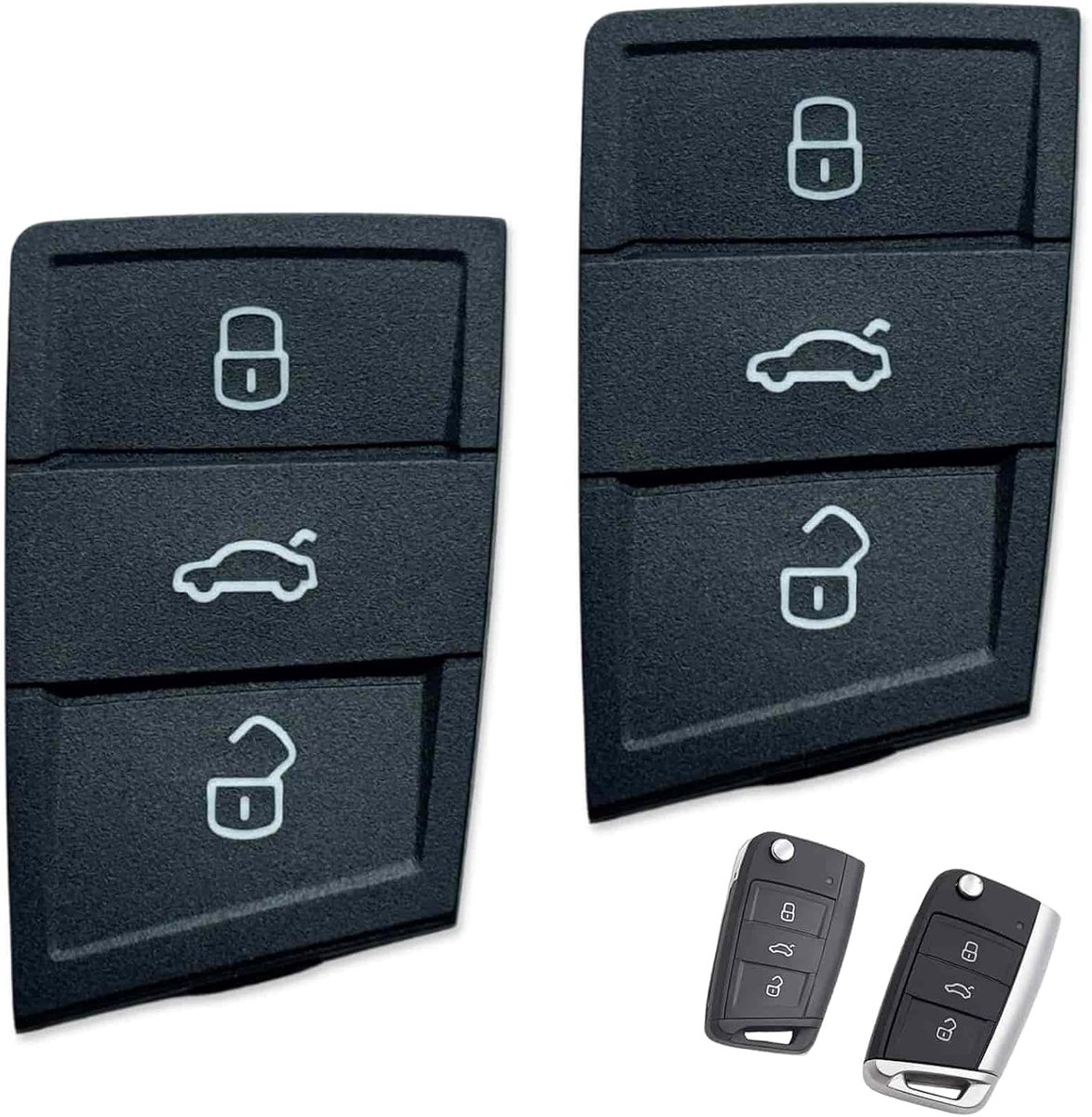 2 stuks 3-knops auto-afstandsbediening sleutelhangers vervangende rubberen toetsenpads zwart voor het ontgrendelen van sloten en kofferruimten, compatibel met VW Polo Golf 7 Skoda Karoq