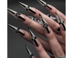24 Stuks Press on Nails Lange Amandel Nagels voor het Plakken Goth Zwart Y2K Gothic Vlinder Fake Nagels Jelly-Gel-Draagset, voor Vrouwen & Meisjes