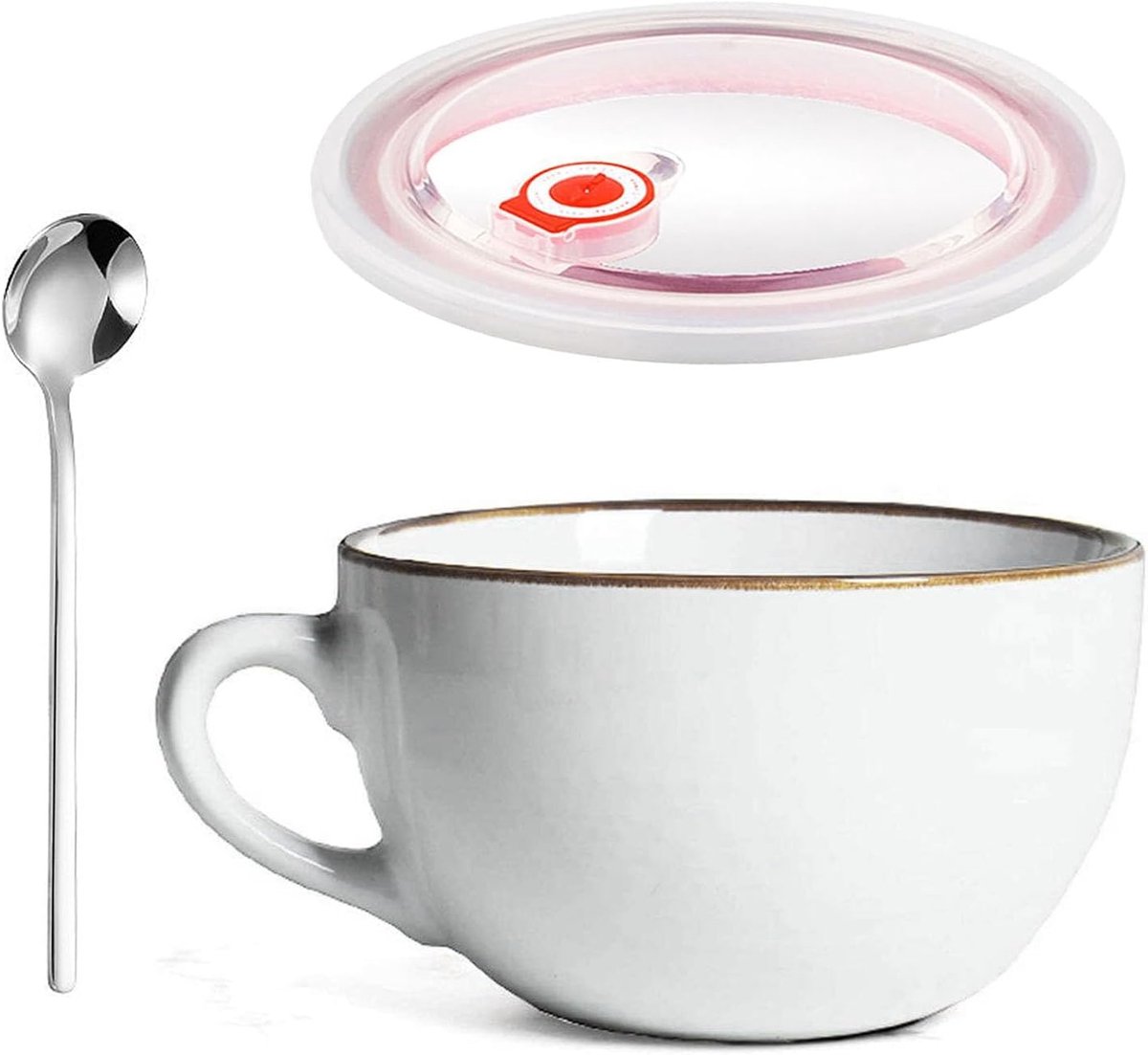 mok van keramiek, 700 ml, grote mueslikom met handvat, slakom, grote theekopje met deksel en lepel, herbruikbare porseleinen koffiemok, porseleinen soepkom (wit)