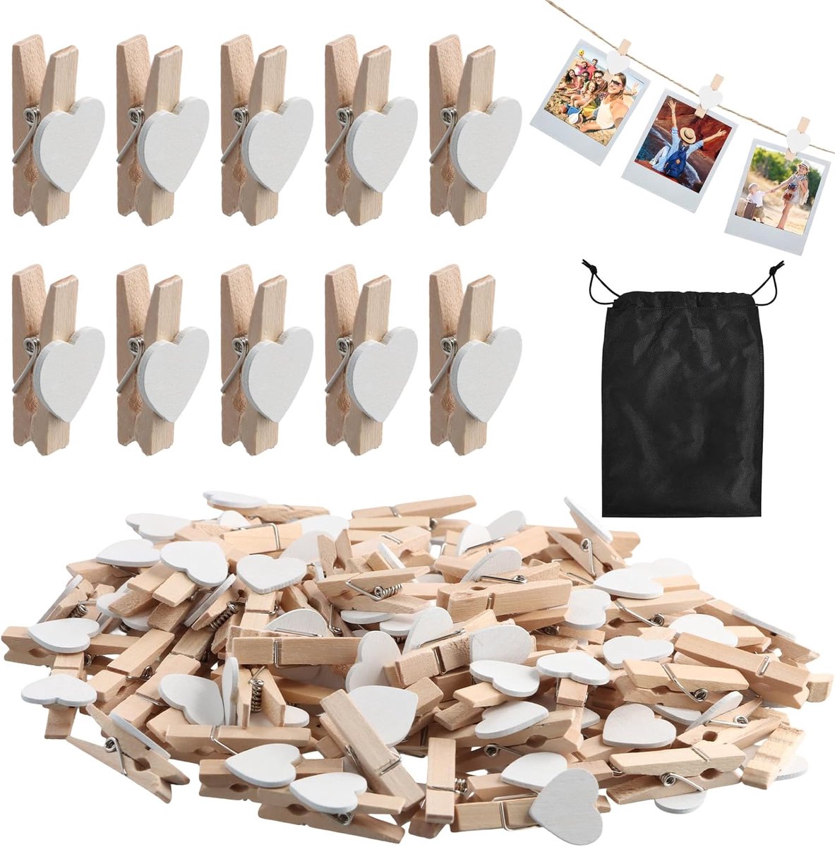 Wasknijpers van hout, 3,5 cm, witte fotoklem van hout, decoratie met zak met zwart trekkoord, voor bruiloft, Kerstmis, Valentijnsdag, handwerk, fotoclip (liefde)