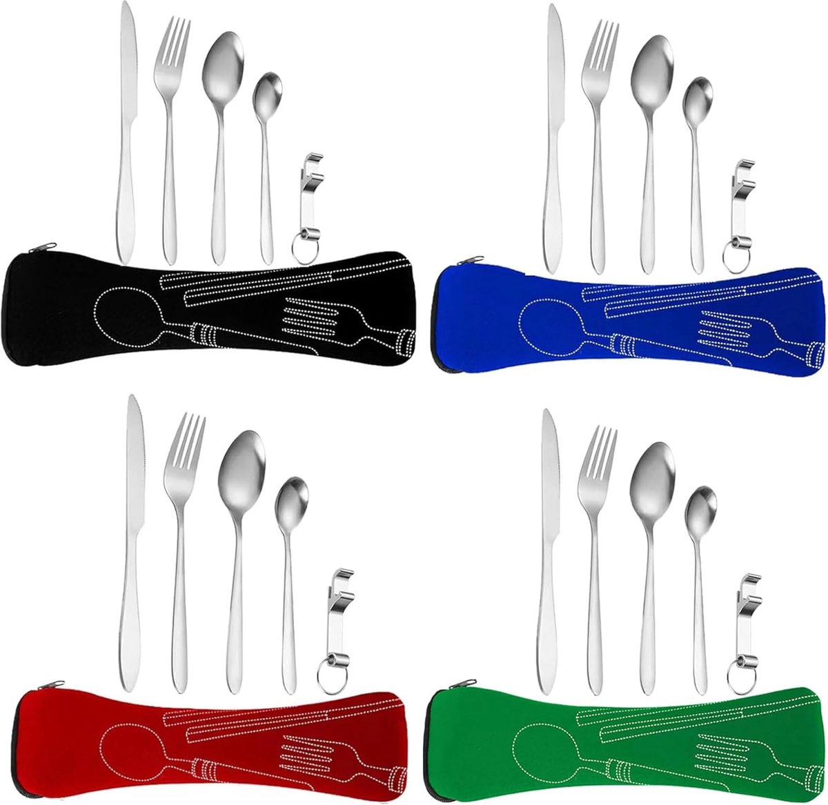 Bestekset 4 Personen, RVS Bestek met Etui voor Reizen | Roestvrijstalen campingbestekset voor 4 personen met etui. Ideaal voor reizen, camping, picknick en outdoor gebruik