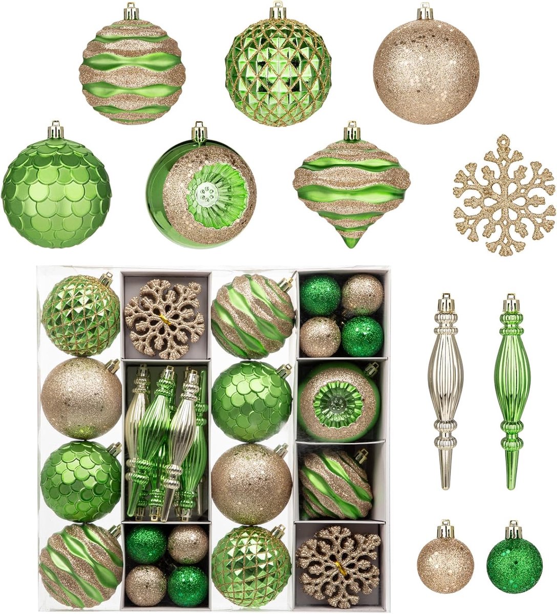 Kerstballen ornamenten set glitter groene onbreekbare kerstballen voor kerstboomdecoraties, hangende kerstballen ornamenten voor kerstboom, vakantie, feest, bruiloft, woondecoratie