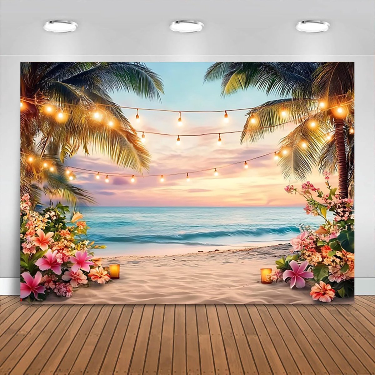 2,4 x 1,8 m achtergrond strand zomer Hawaiian Oceaan zonsondergang zee tropische bloem palm fotografie achtergrond bruiloft baby shower verjaardag Aloha Luau feestdecoraties Photo Booth Props