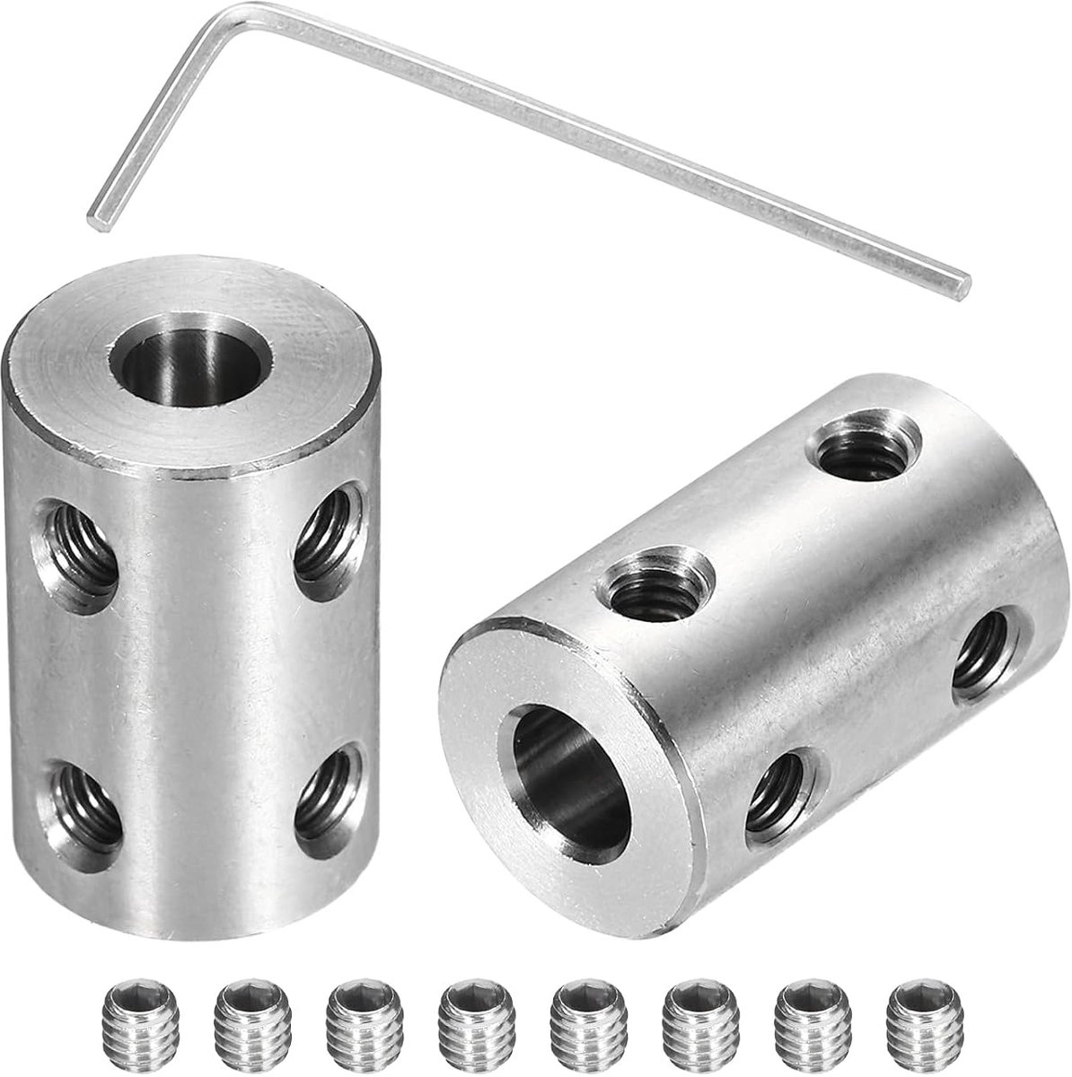 Starre Schroefkoppeling 5mm tot 6mm Askoppeling L22mm x D14mm Staal Verbindingskoppeling Set voor 3D-printer DIY Encoder met 16 Schroeven Zeskantsleutel, 4 stuks