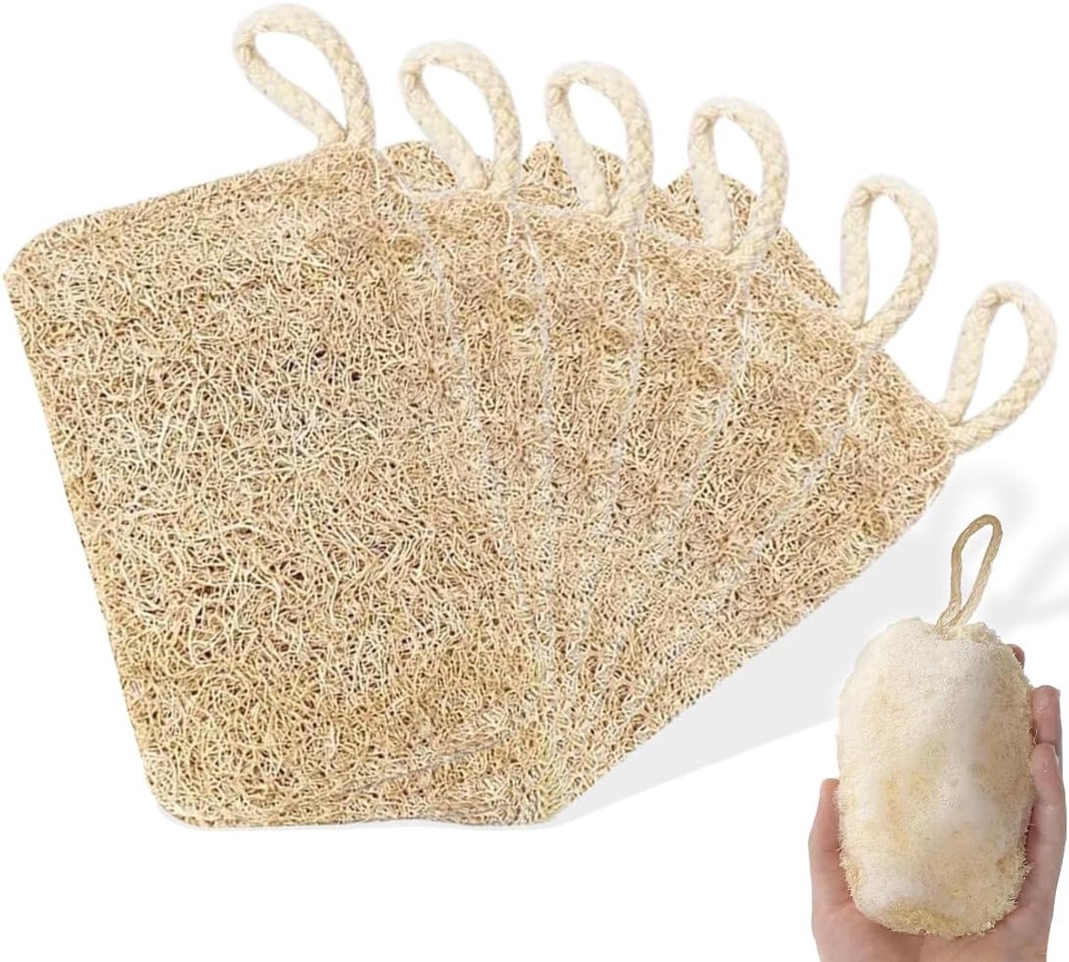 Luffa-spons, 6 stuks, natuurlijke luffa-peeling, biologisch afbreekbare luchtsponzen voor lichaamsverzorging, douche, keukenscrubber en luffazeep