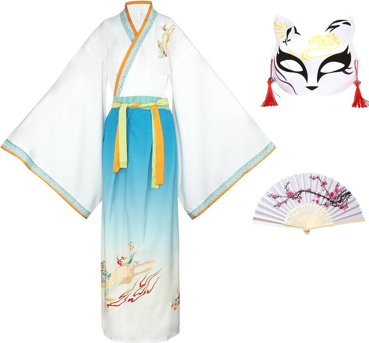 Hanfu-jurk, traditioneel Chinees kostuumset met masker en vouwventilator, geborduurde éénpiece jurk voor Carnival, Cosplay, fotoshoots en culturele activiteiten
