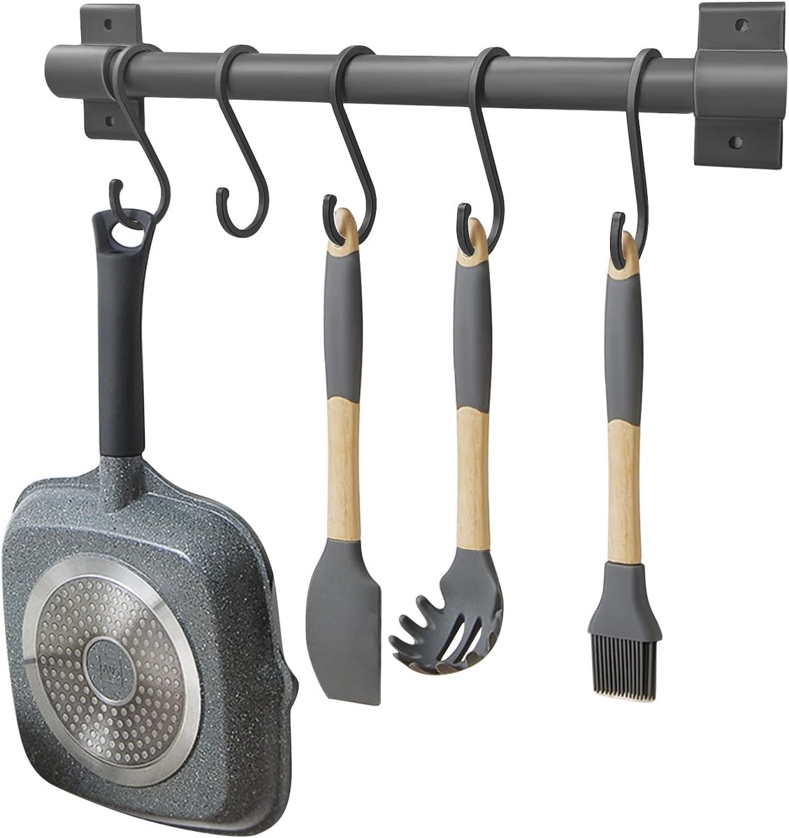 Keukenophangrail, Aluminium rail van 30 cm met 5 beweegbare haken, Muurlijst voor het organiseren van keukengerei, Veelzijdige ophangrail voor lepels