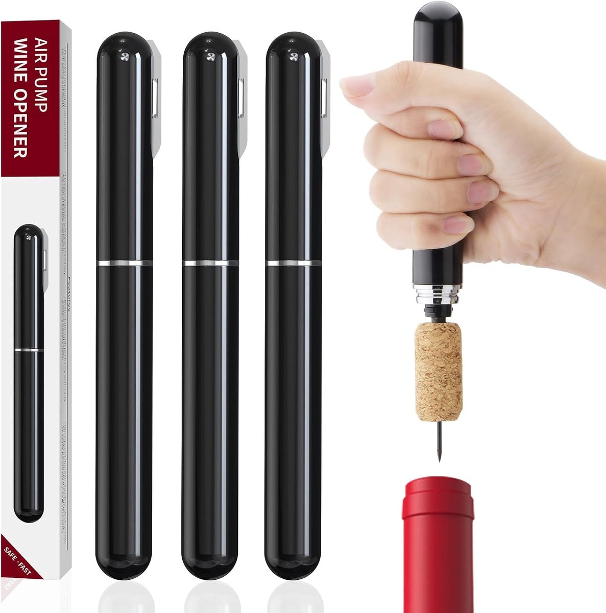 2-in-1 Luchtdruk Wijnopener, Pomp Kurkentrekker met Wijnfoliesnijder, Draagbaar Luchtpomp Flesopener, Wijnaccessoires Praktisch voor Reis Feestje Kamperen (3 Stuks)