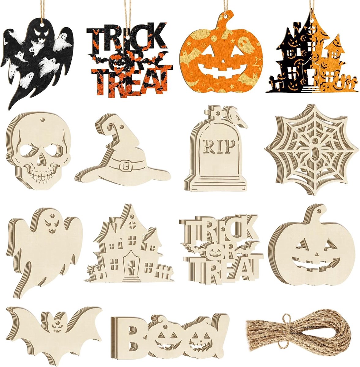 Houten decoratie voor Halloween, knutselen, 50 stuks, knutselen voor kinderen, doe-het-zelf houten hangers om te beschilderen, pompoen, vleermuis, skelet, houten hangers voor Halloween knutselen