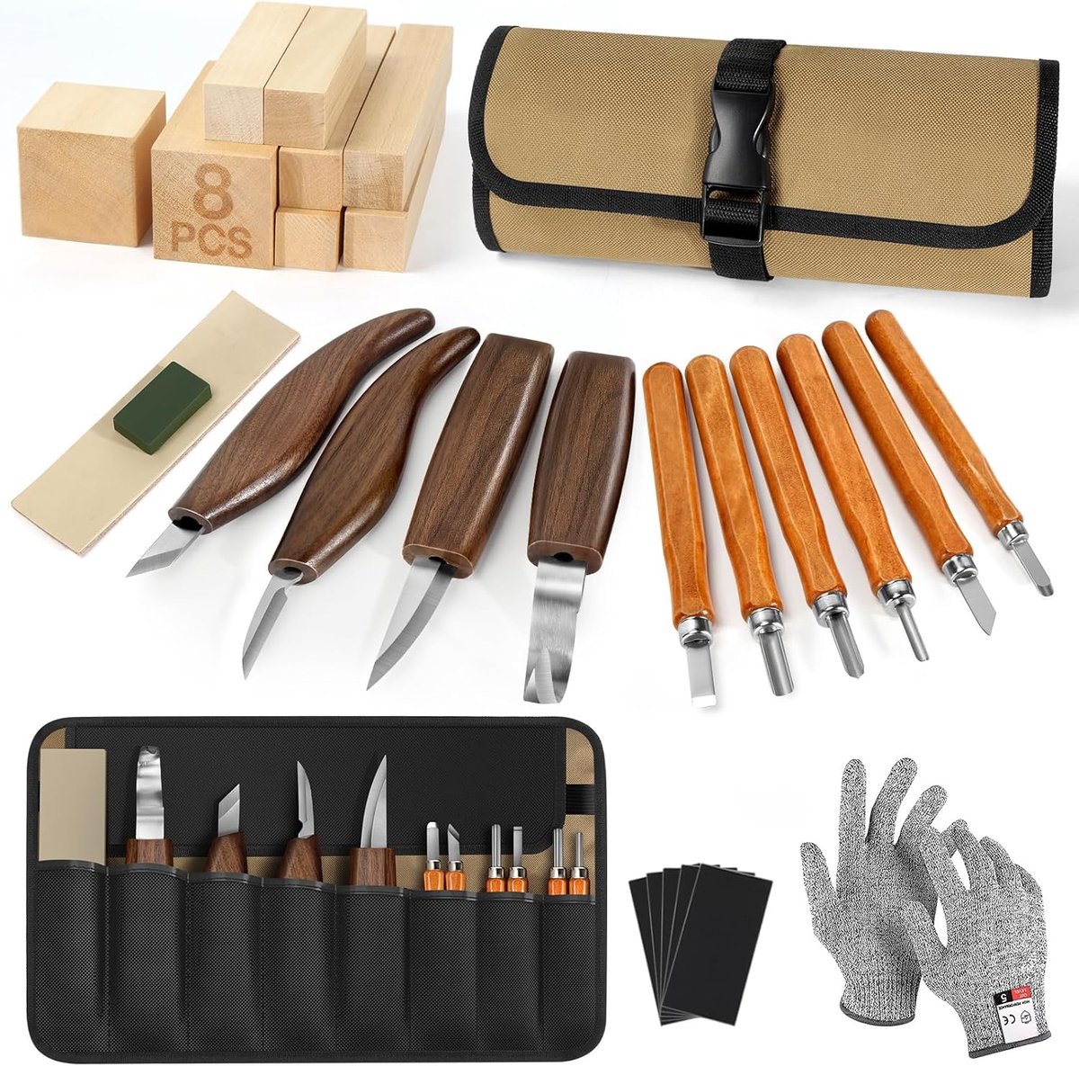 houtsnijgereedschapsset, leren etui en lindehouten blokken, beginners | Houtsnijset met houtbewerkingsmes, cadeau voor volwassenen, kinderen en doe-het-zelvers