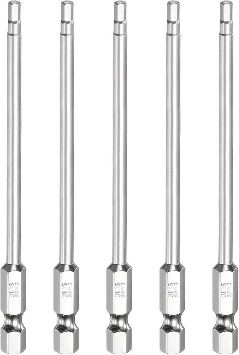 Schroevendraaierset, H3.0, 5 stuks, 1/4 inch inbus-schroevendraaier, 100 mm lang, zeskantige boor, sleutel, magnetische steeksleutel, industrie, S2, gelegeerd staal, zeskantige bitset