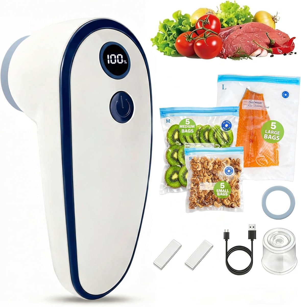 Vacuümmachine voor levensmiddelen, inclusief 15 herbruikbare vacuümzakken, compacte en oplaadbare vacuümpomp met 60 kPa, ideaal voor het vacuüm bewaren van groenten, vlees, fruit