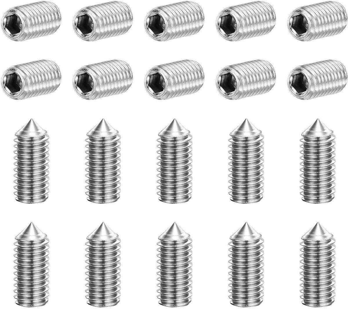 20 stuks zeskantschroeven M6 x 12 mm 304 roestvrij staal kegelpunt inbusschroeven voor machines en huisreparaties en bevestigingsmiddelen zilver