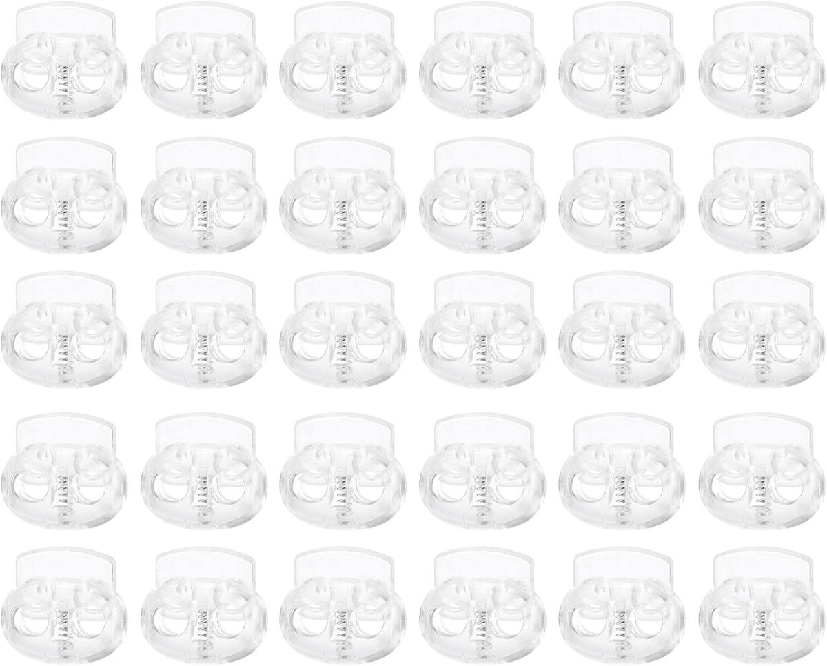 30 stuks kunststof koordstoppers, dubbele gat-veer-klemsluiting, elastische koordverstellers voor trekkoorden, paracord, veters, kleding, bagage, rugzak, camping, transparant