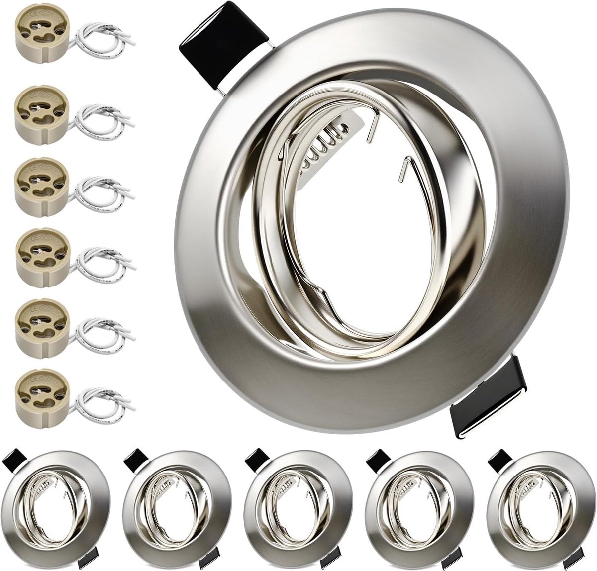 6x Inbouwspots GU10 Set - 6-delig Inbouwframes Nikkel incl. GU10-fitting - Draaibaar 30° - Boorgat Ø68-80mm - Ronde Metaal Frame Voor 50mm LED of Halogeen Lampen