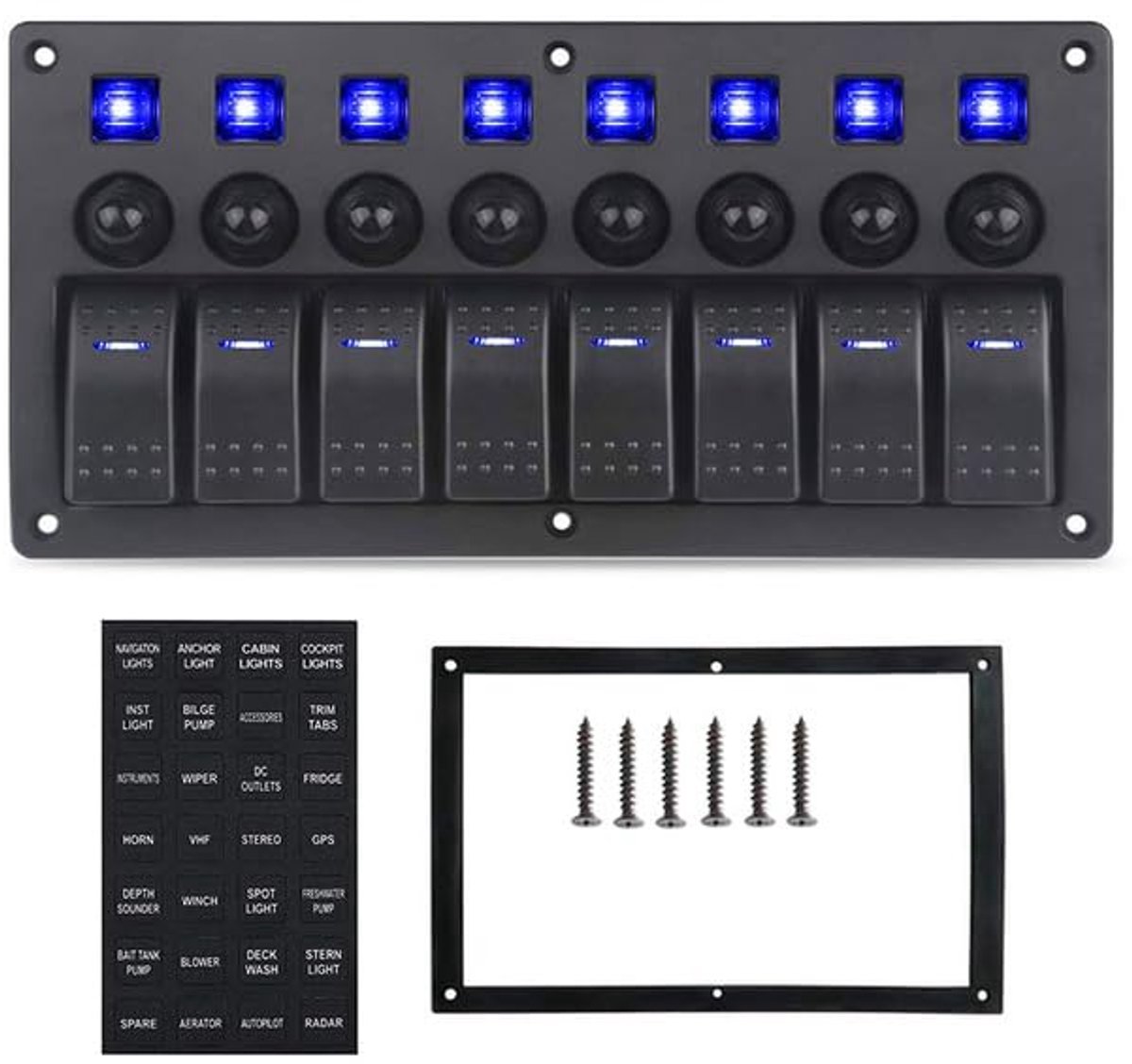 8-voudig schakelpaneel voor marine, 12/24 V, tuimel- en wipschakelaarpaneel, waterdicht, met blauwe LED voor elektrische besturing voor auto, boot, RV, UTV, vrachtwagen